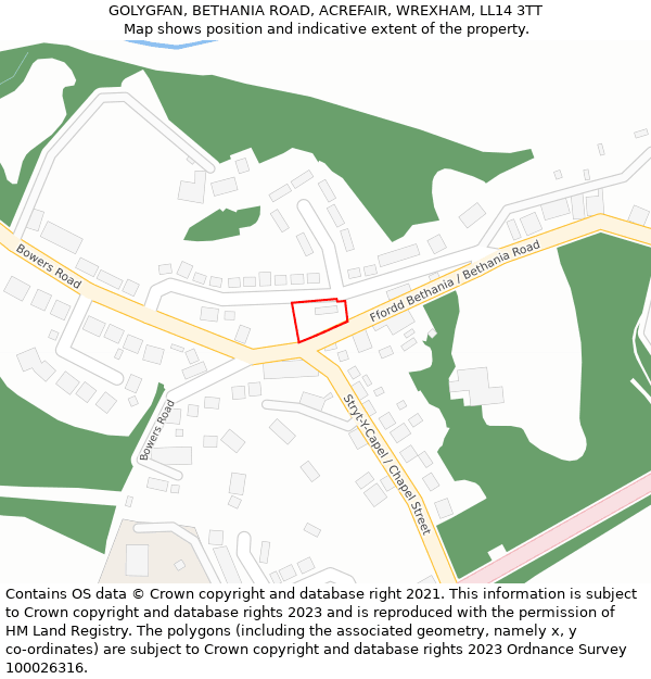 GOLYGFAN, BETHANIA ROAD, ACREFAIR, WREXHAM, LL14 3TT: Location map and indicative extent of plot