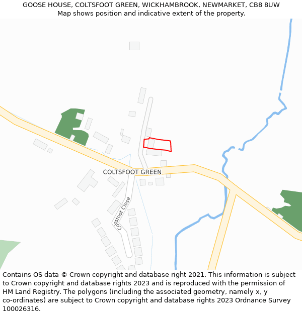 GOOSE HOUSE, COLTSFOOT GREEN, WICKHAMBROOK, NEWMARKET, CB8 8UW: Location map and indicative extent of plot