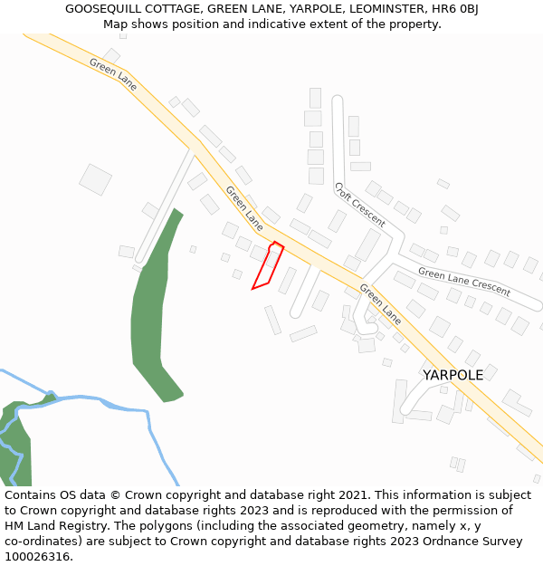GOOSEQUILL COTTAGE, GREEN LANE, YARPOLE, LEOMINSTER, HR6 0BJ: Location map and indicative extent of plot