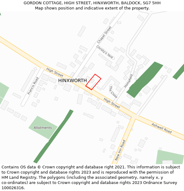 GORDON COTTAGE, HIGH STREET, HINXWORTH, BALDOCK, SG7 5HH: Location map and indicative extent of plot