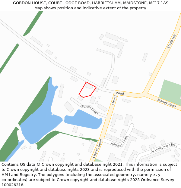 GORDON HOUSE, COURT LODGE ROAD, HARRIETSHAM, MAIDSTONE, ME17 1AS: Location map and indicative extent of plot