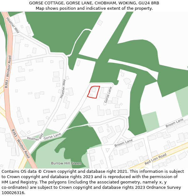 GORSE COTTAGE, GORSE LANE, CHOBHAM, WOKING, GU24 8RB: Location map and indicative extent of plot
