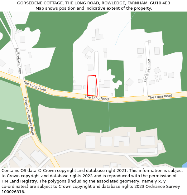 GORSEDENE COTTAGE, THE LONG ROAD, ROWLEDGE, FARNHAM, GU10 4EB: Location map and indicative extent of plot