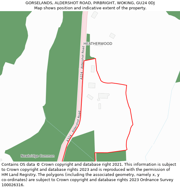 GORSELANDS, ALDERSHOT ROAD, PIRBRIGHT, WOKING, GU24 0DJ: Location map and indicative extent of plot