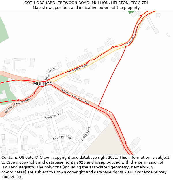 GOTH ORCHARD, TREWOON ROAD, MULLION, HELSTON, TR12 7DL: Location map and indicative extent of plot