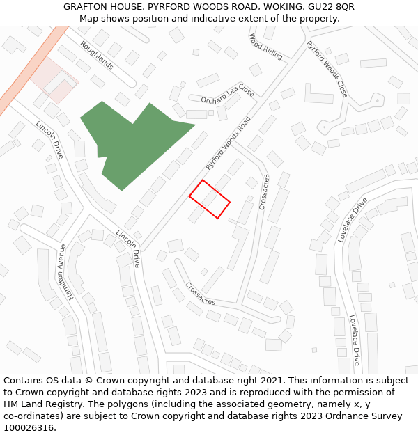 GRAFTON HOUSE, PYRFORD WOODS ROAD, WOKING, GU22 8QR: Location map and indicative extent of plot