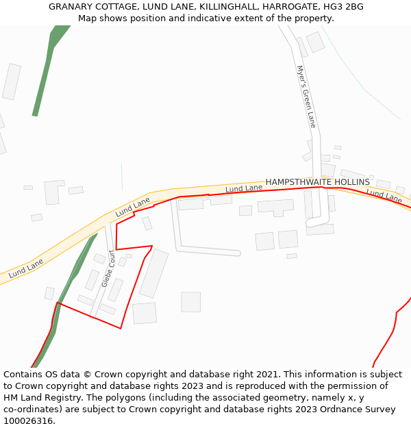 GRANARY COTTAGE, LUND LANE, KILLINGHALL, HARROGATE, HG3 2BG: Location map and indicative extent of plot