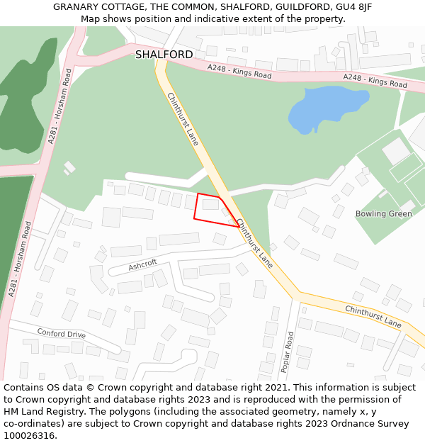 GRANARY COTTAGE, THE COMMON, SHALFORD, GUILDFORD, GU4 8JF: Location map and indicative extent of plot