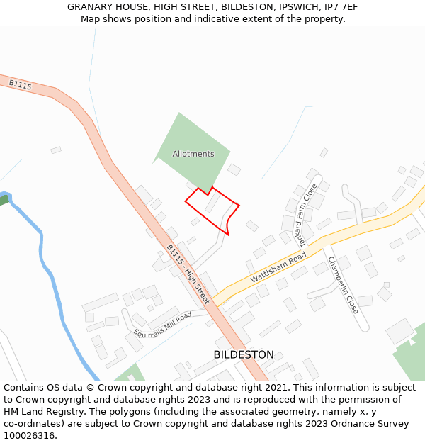 GRANARY HOUSE, HIGH STREET, BILDESTON, IPSWICH, IP7 7EF: Location map and indicative extent of plot