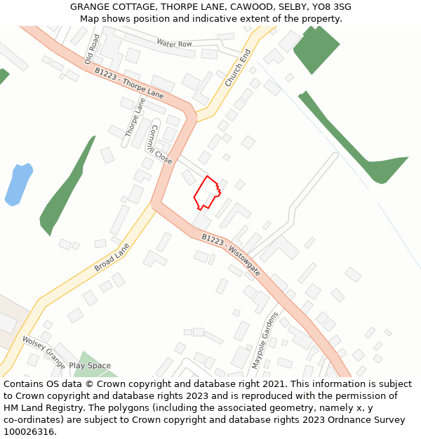 GRANGE COTTAGE, THORPE LANE, CAWOOD, SELBY, YO8 3SG: Location map and indicative extent of plot