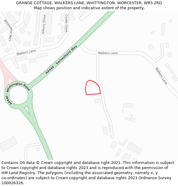 GRANGE COTTAGE, WALKERS LANE, WHITTINGTON, WORCESTER, WR5 2RD: Location map and indicative extent of plot
