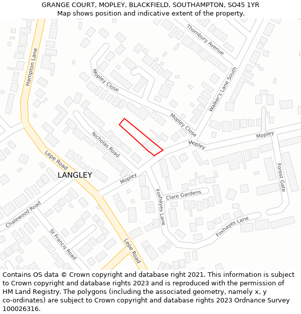 GRANGE COURT, MOPLEY, BLACKFIELD, SOUTHAMPTON, SO45 1YR: Location map and indicative extent of plot