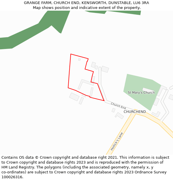 GRANGE FARM, CHURCH END, KENSWORTH, DUNSTABLE, LU6 3RA: Location map and indicative extent of plot
