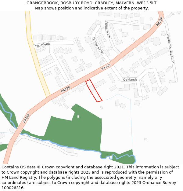 GRANGEBROOK, BOSBURY ROAD, CRADLEY, MALVERN, WR13 5LT: Location map and indicative extent of plot