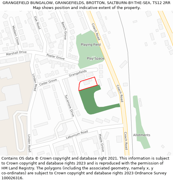 GRANGEFIELD BUNGALOW, GRANGEFIELDS, BROTTON, SALTBURN-BY-THE-SEA, TS12 2RR: Location map and indicative extent of plot