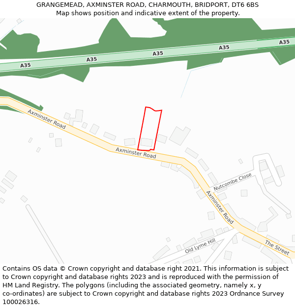 GRANGEMEAD, AXMINSTER ROAD, CHARMOUTH, BRIDPORT, DT6 6BS: Location map and indicative extent of plot