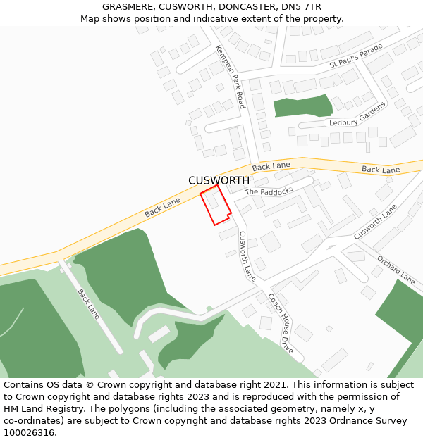 GRASMERE, CUSWORTH, DONCASTER, DN5 7TR: Location map and indicative extent of plot