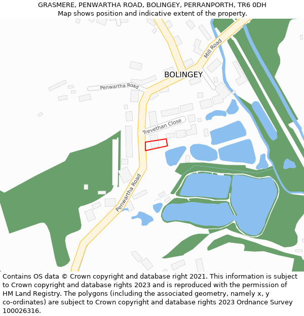 GRASMERE, PENWARTHA ROAD, BOLINGEY, PERRANPORTH, TR6 0DH: Location map and indicative extent of plot