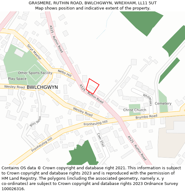 GRASMERE, RUTHIN ROAD, BWLCHGWYN, WREXHAM, LL11 5UT: Location map and indicative extent of plot