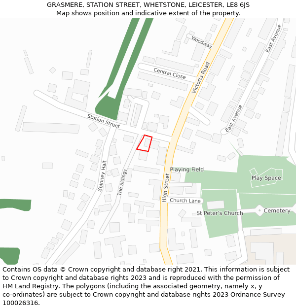 GRASMERE, STATION STREET, WHETSTONE, LEICESTER, LE8 6JS: Location map and indicative extent of plot