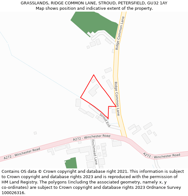 GRASSLANDS, RIDGE COMMON LANE, STROUD, PETERSFIELD, GU32 1AY: Location map and indicative extent of plot