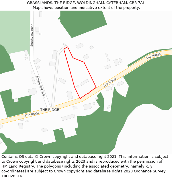 GRASSLANDS, THE RIDGE, WOLDINGHAM, CATERHAM, CR3 7AL: Location map and indicative extent of plot