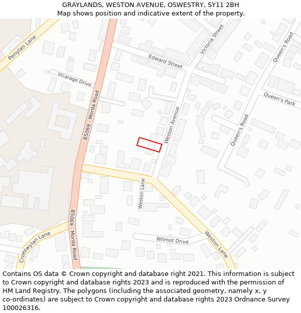 GRAYLANDS, WESTON AVENUE, OSWESTRY, SY11 2BH: Location map and indicative extent of plot