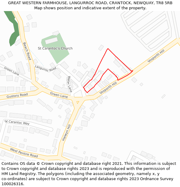 GREAT WESTERN FARMHOUSE, LANGURROC ROAD, CRANTOCK, NEWQUAY, TR8 5RB: Location map and indicative extent of plot