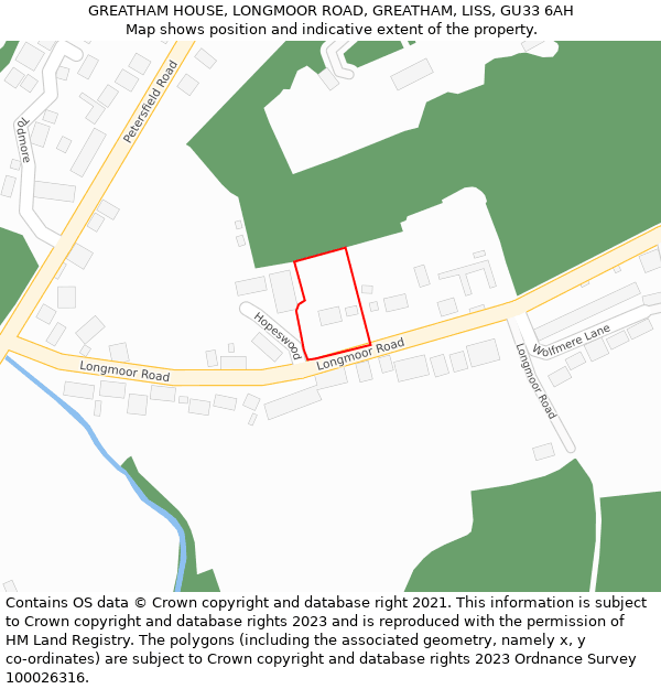 GREATHAM HOUSE, LONGMOOR ROAD, GREATHAM, LISS, GU33 6AH: Location map and indicative extent of plot