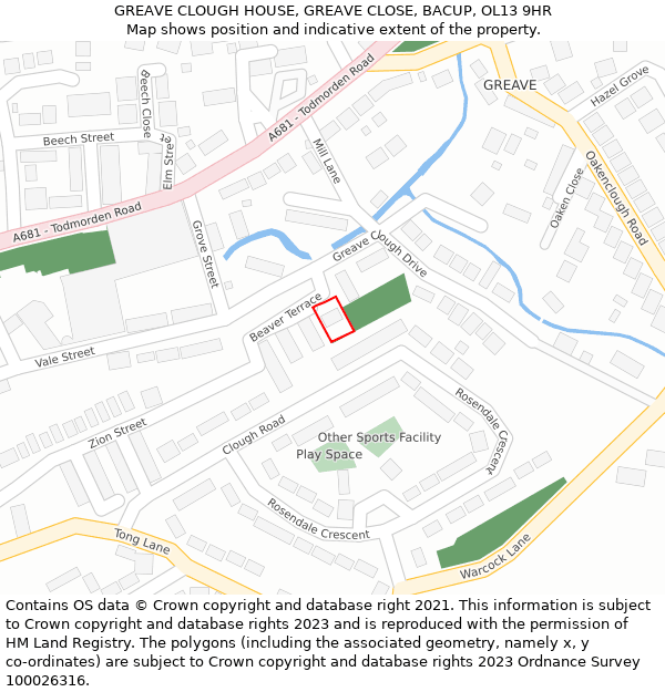 GREAVE CLOUGH HOUSE, GREAVE CLOSE, BACUP, OL13 9HR: Location map and indicative extent of plot