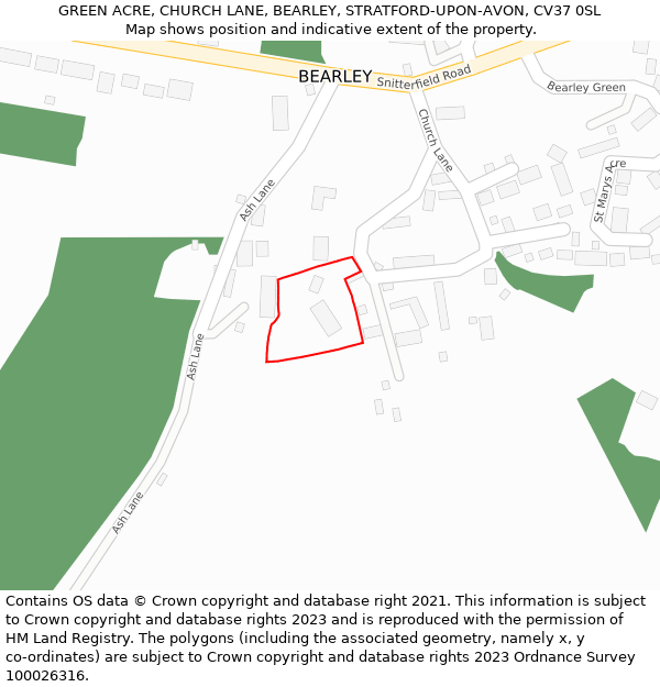 GREEN ACRE, CHURCH LANE, BEARLEY, STRATFORD-UPON-AVON, CV37 0SL: Location map and indicative extent of plot