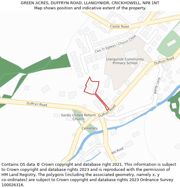 GREEN ACRES, DUFFRYN ROAD, LLANGYNIDR, CRICKHOWELL, NP8 1NT: Location map and indicative extent of plot