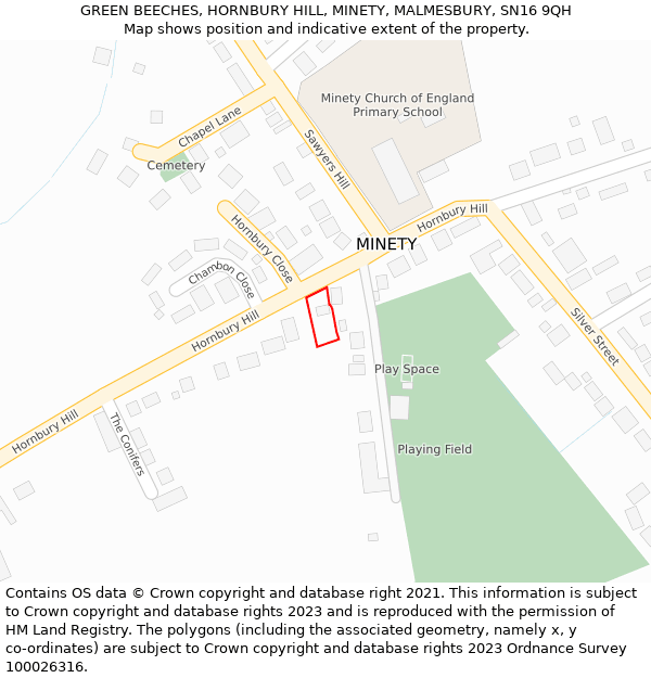 GREEN BEECHES, HORNBURY HILL, MINETY, MALMESBURY, SN16 9QH: Location map and indicative extent of plot