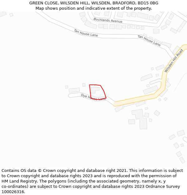 GREEN CLOSE, WILSDEN HILL, WILSDEN, BRADFORD, BD15 0BG: Location map and indicative extent of plot