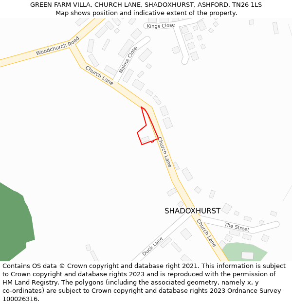 GREEN FARM VILLA, CHURCH LANE, SHADOXHURST, ASHFORD, TN26 1LS: Location map and indicative extent of plot