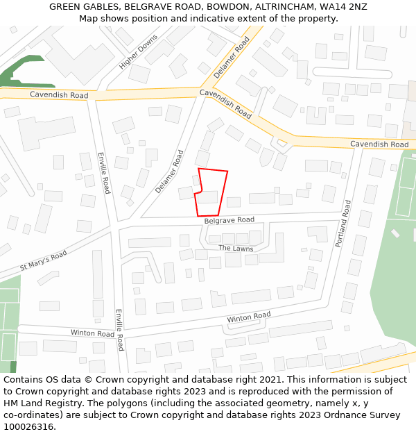GREEN GABLES, BELGRAVE ROAD, BOWDON, ALTRINCHAM, WA14 2NZ: Location map and indicative extent of plot