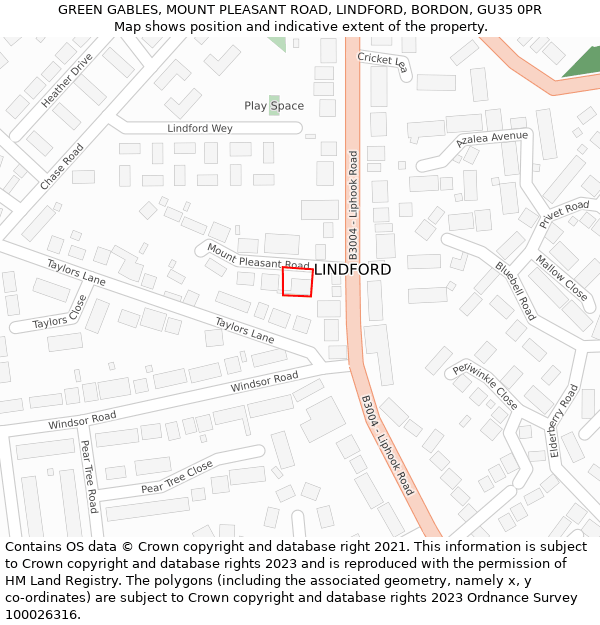 GREEN GABLES, MOUNT PLEASANT ROAD, LINDFORD, BORDON, GU35 0PR: Location map and indicative extent of plot