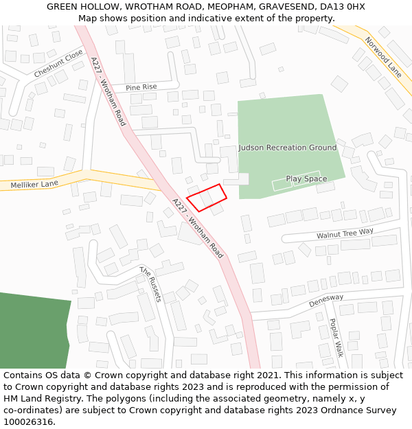 GREEN HOLLOW, WROTHAM ROAD, MEOPHAM, GRAVESEND, DA13 0HX: Location map and indicative extent of plot