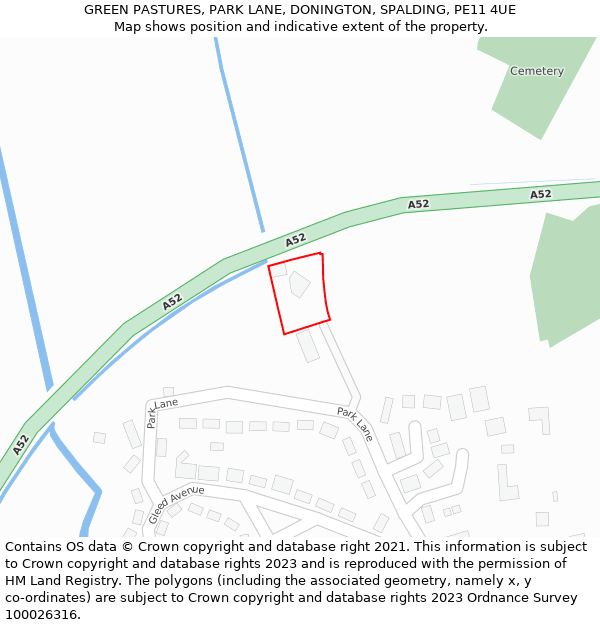 GREEN PASTURES, PARK LANE, DONINGTON, SPALDING, PE11 4UE: Location map and indicative extent of plot