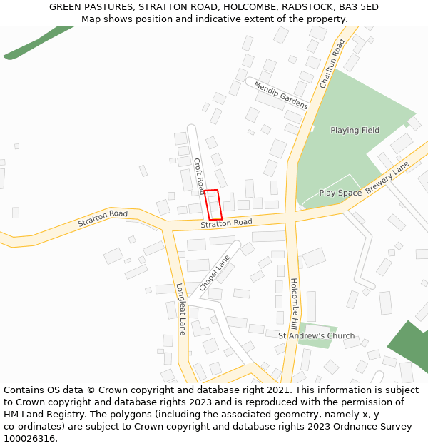 GREEN PASTURES, STRATTON ROAD, HOLCOMBE, RADSTOCK, BA3 5ED: Location map and indicative extent of plot