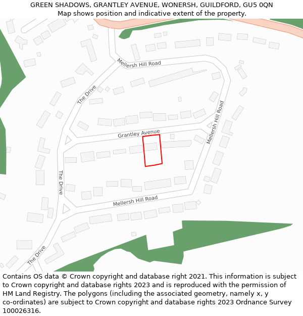 GREEN SHADOWS, GRANTLEY AVENUE, WONERSH, GUILDFORD, GU5 0QN: Location map and indicative extent of plot