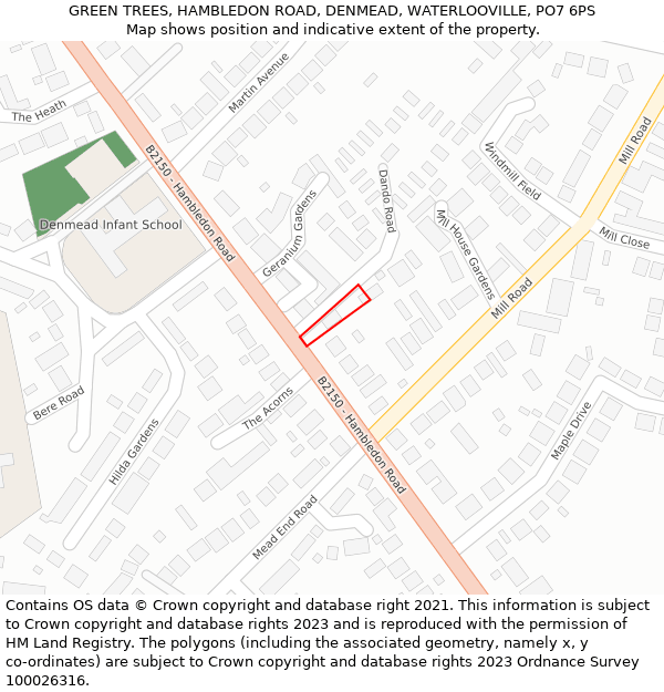 GREEN TREES, HAMBLEDON ROAD, DENMEAD, WATERLOOVILLE, PO7 6PS: Location map and indicative extent of plot