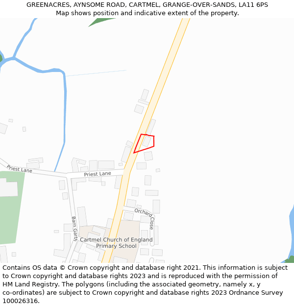 GREENACRES, AYNSOME ROAD, CARTMEL, GRANGE-OVER-SANDS, LA11 6PS: Location map and indicative extent of plot