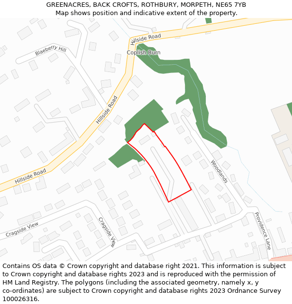 GREENACRES, BACK CROFTS, ROTHBURY, MORPETH, NE65 7YB: Location map and indicative extent of plot