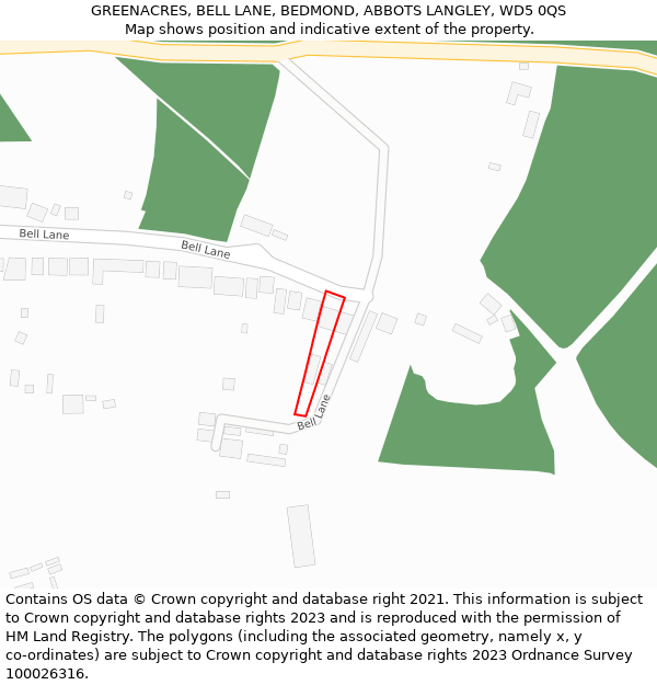 GREENACRES, BELL LANE, BEDMOND, ABBOTS LANGLEY, WD5 0QS: Location map and indicative extent of plot