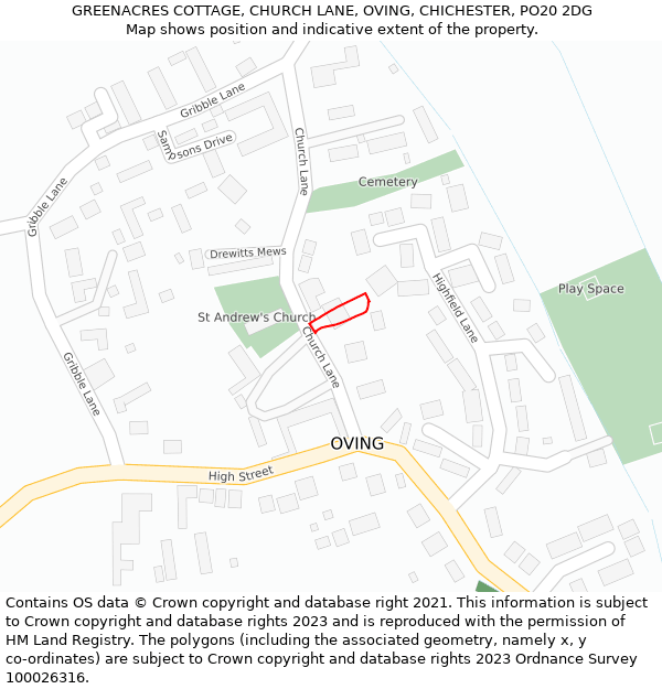 GREENACRES COTTAGE, CHURCH LANE, OVING, CHICHESTER, PO20 2DG: Location map and indicative extent of plot