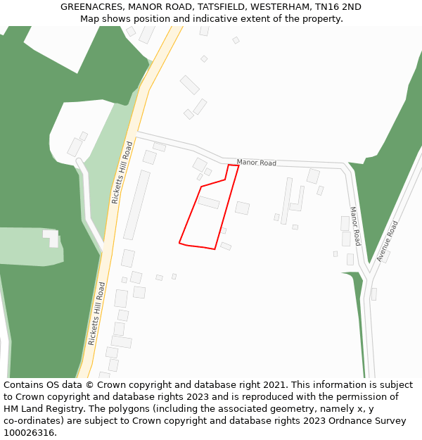 GREENACRES, MANOR ROAD, TATSFIELD, WESTERHAM, TN16 2ND: Location map and indicative extent of plot