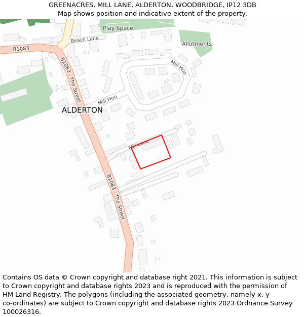 GREENACRES, MILL LANE, ALDERTON, WOODBRIDGE, IP12 3DB: Location map and indicative extent of plot
