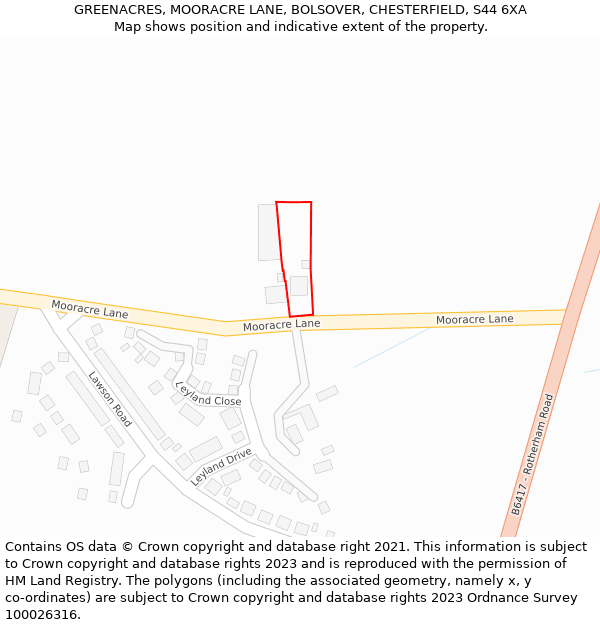 GREENACRES, MOORACRE LANE, BOLSOVER, CHESTERFIELD, S44 6XA: Location map and indicative extent of plot