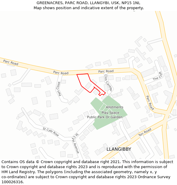 GREENACRES, PARC ROAD, LLANGYBI, USK, NP15 1NL: Location map and indicative extent of plot